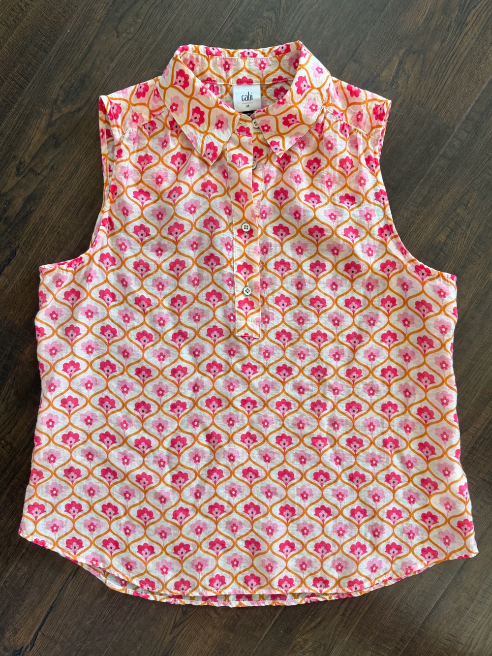 CABI Bungalow Sleeveless Top Vibrant Pink Orange Floral Geometric Lightweight M